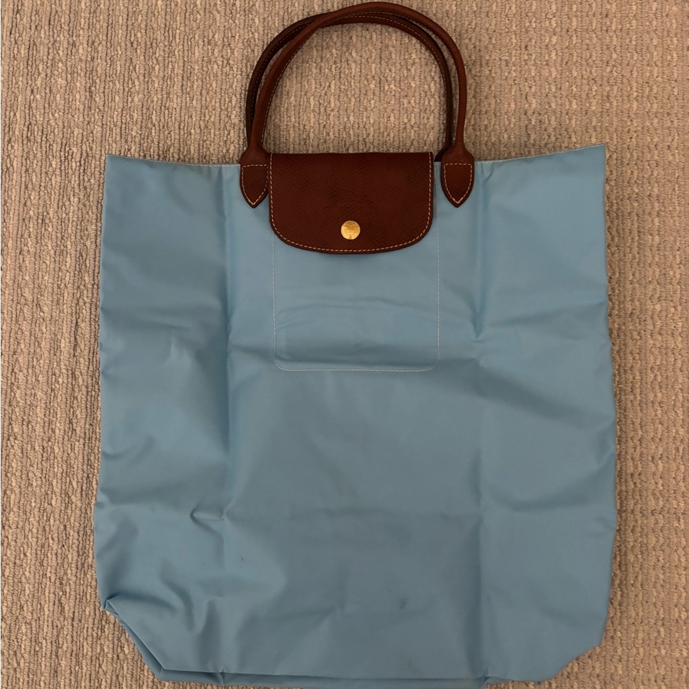 Longchamp Le Pliage Baby Blue Tote Bag with Brown Handles